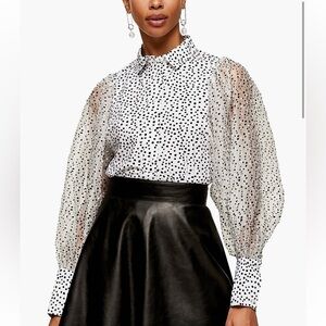 Topshop Organza Polka Dot Sheer Balloon Sleeve Button-Down Shirt - White/Black